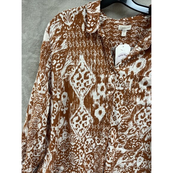 Garnet Hill Linen Top Women's 18 Ikat‎ Burnt Mustard Gold Button Up Collared - Picture 2 of 7